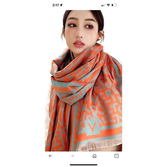 Pashmina Reversible Alphabet Pattern Orange Sage Scarf - Picture 1 of 5